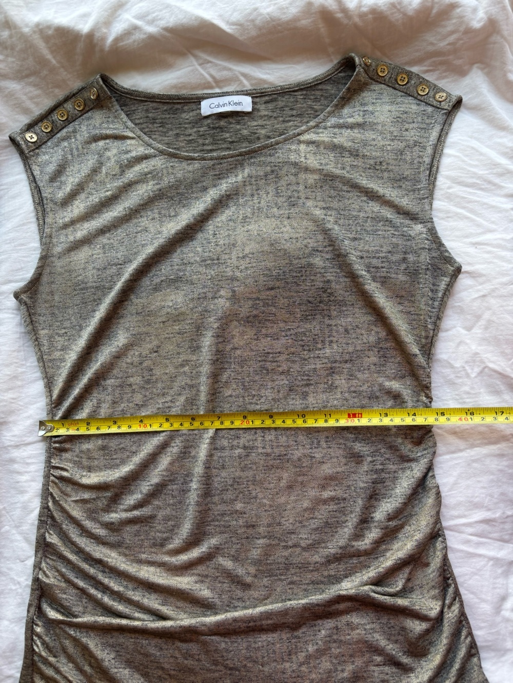 Calvin Klein Gold Metallic Sleeveless Top w/ Logo Button Detail - Picture 12 of 13